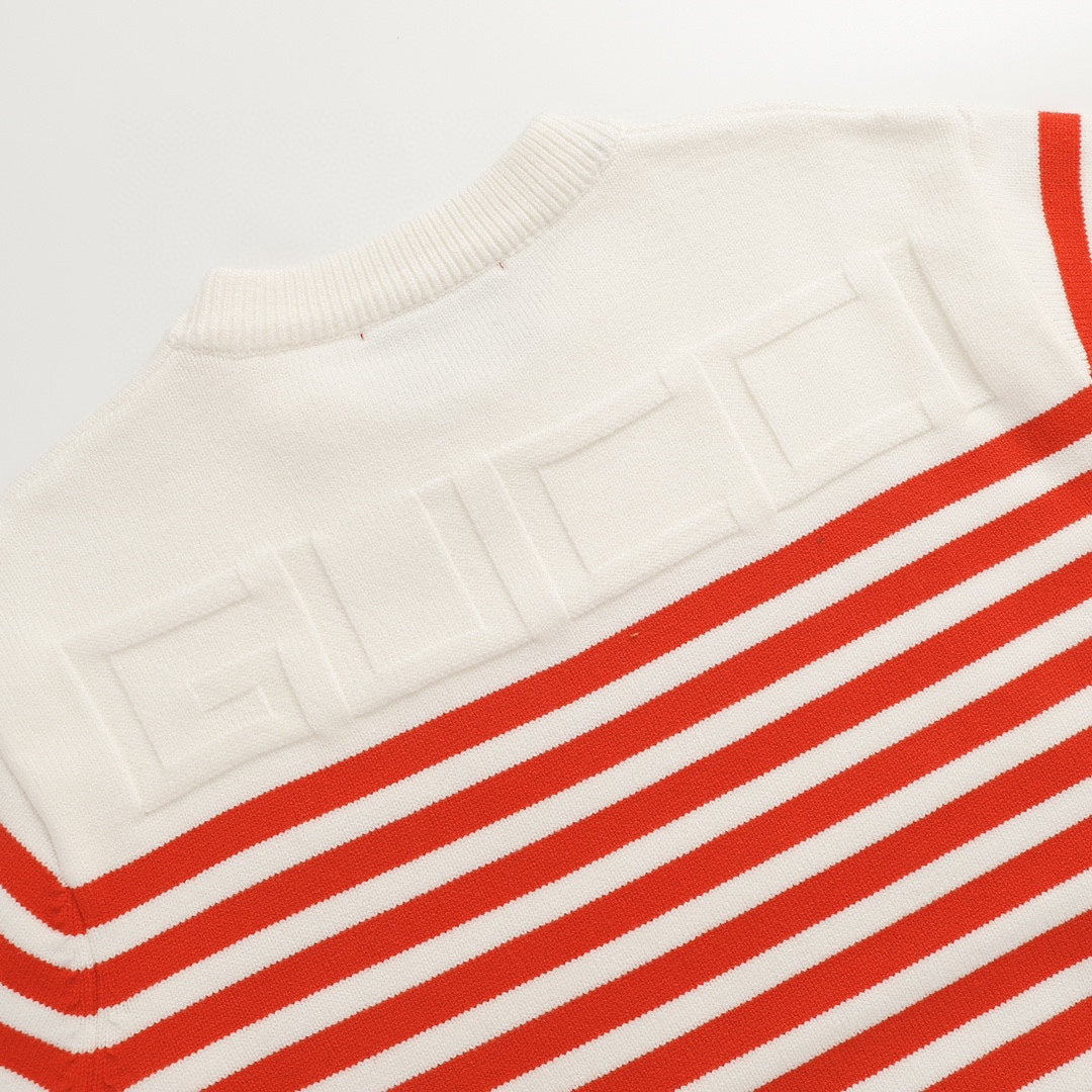 250729 New high-quality letter-patterned jacquard striped round-neck sweater
