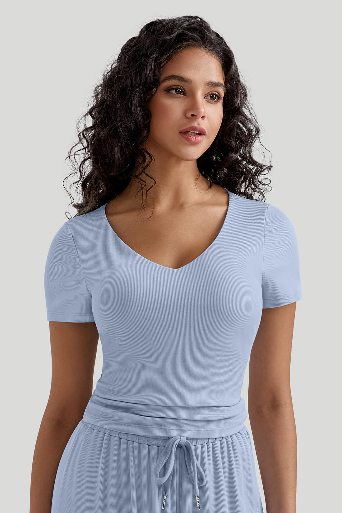 V-neck Casual Set With Wide Leg Pants