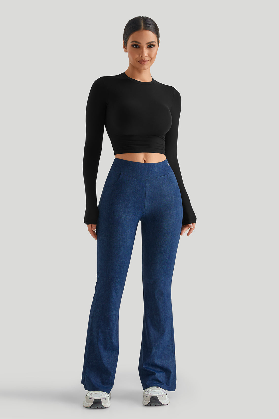 Long Sleeves Stretchy Faux Denim Flare Pant Sets