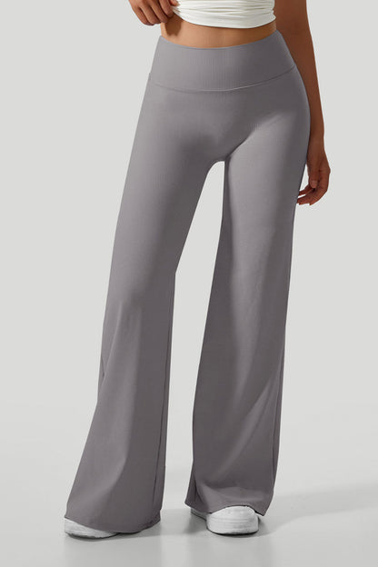 Micro Ribbed Solid Color Wide Leg Pants