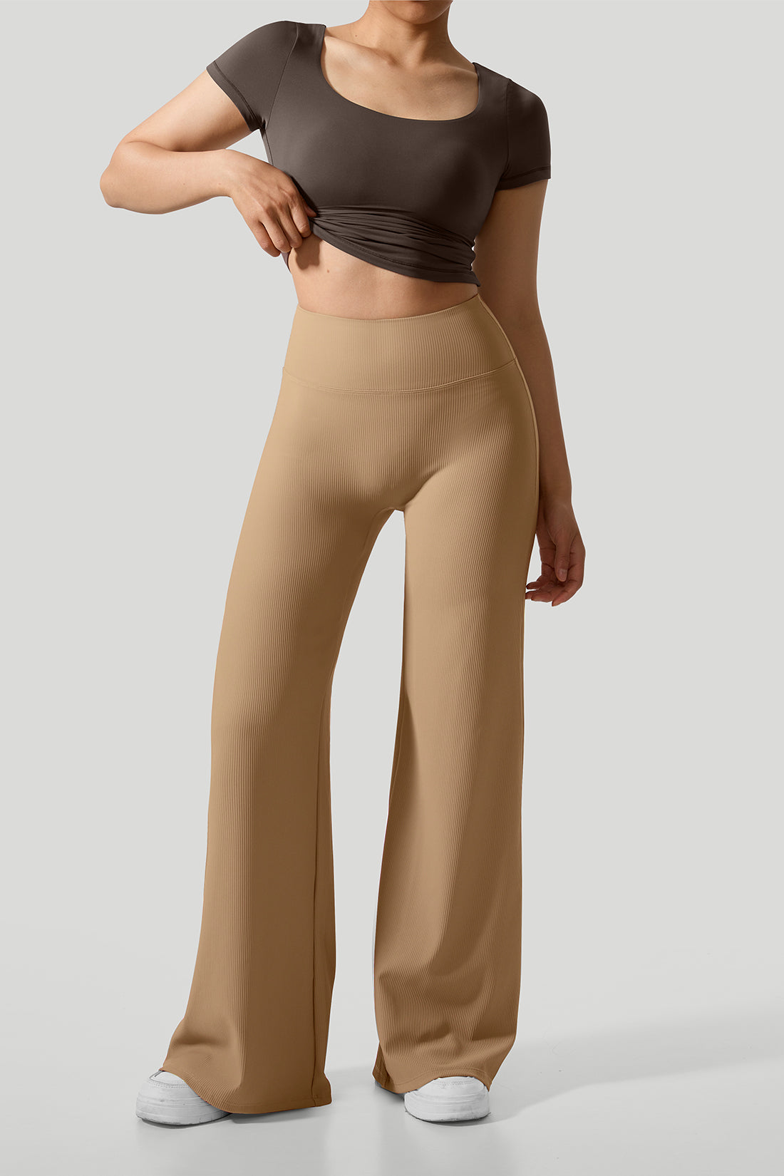 Micro Ribbed Solid Color Wide Leg Pants