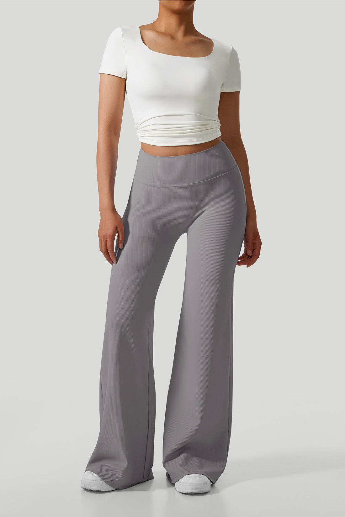 Micro Ribbed Solid Color Wide Leg Pants