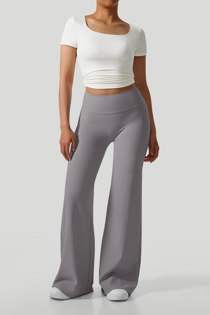 Micro Ribbed Solid Color Wide Leg Pants