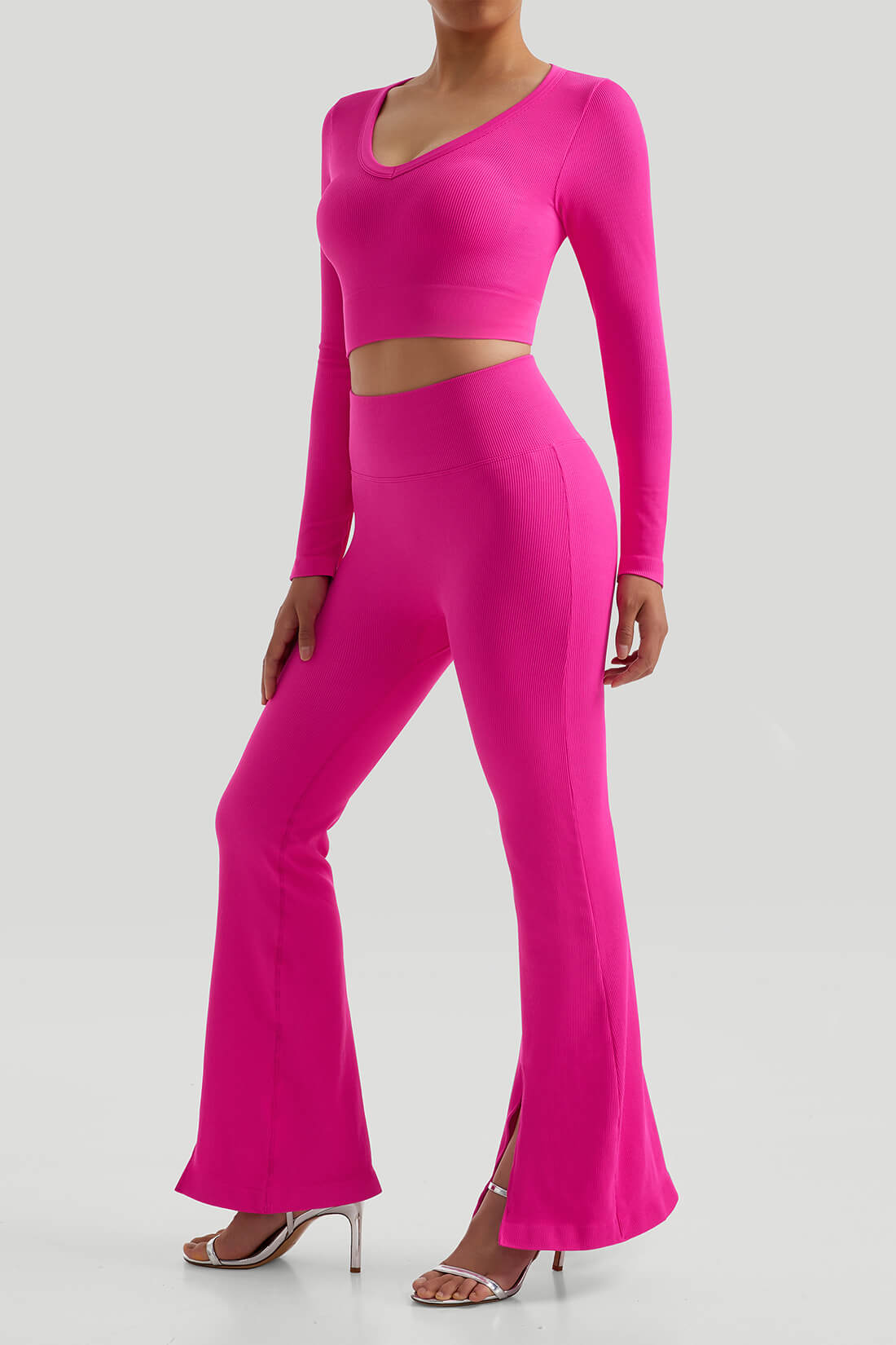 Threaded Long Sleeves Split Flare Pants Set