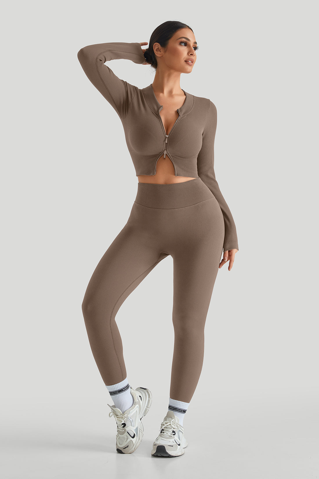 Two-Way Top High Waist Threaded Legging Match Sets