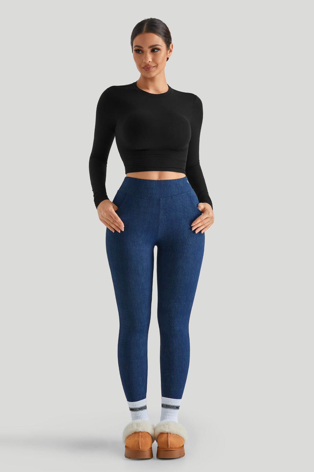 Long Sleeves Stretchy Faux Denim Legging Sets