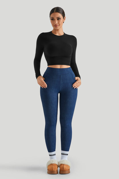 Long Sleeves Stretchy Faux Denim Legging Sets