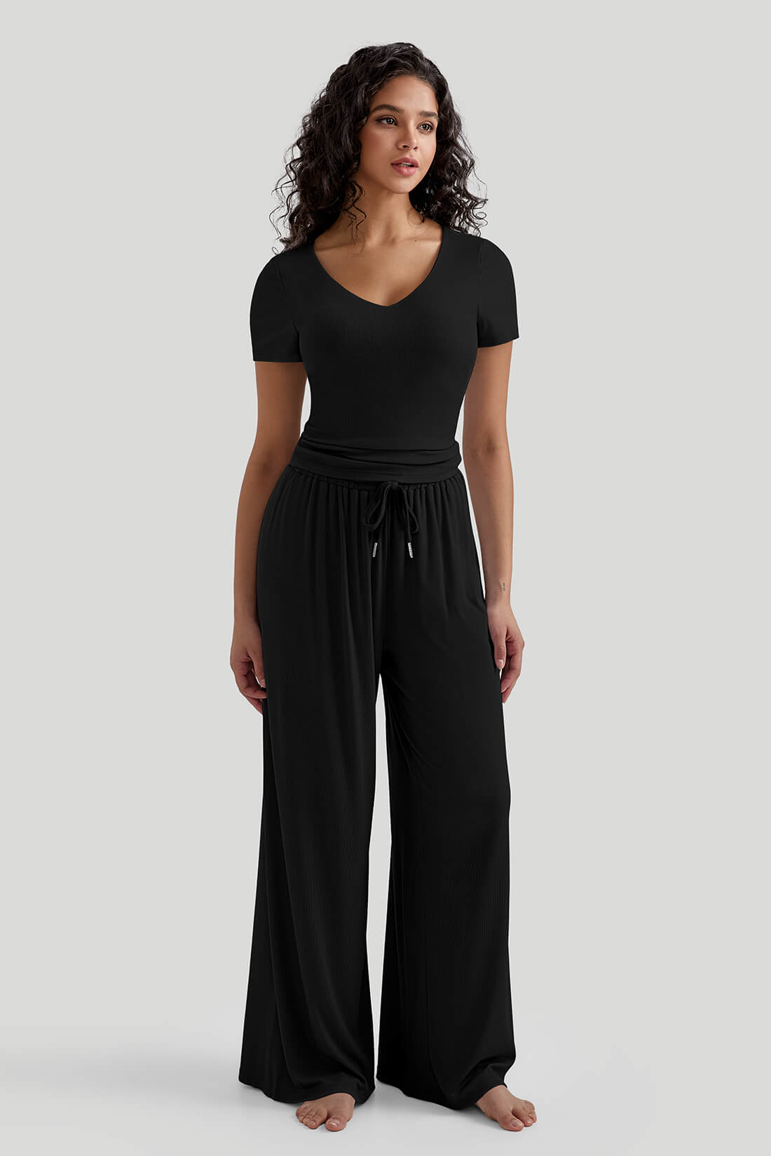 V-neck Casual Set With Wide Leg Pants