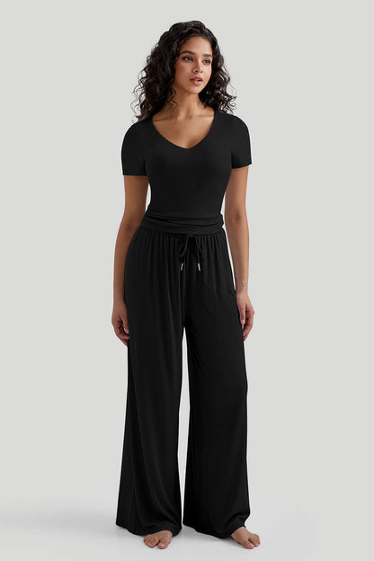 V-neck Casual Set With Wide Leg Pants