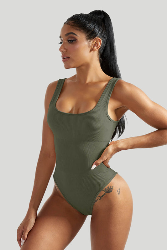 Ribbed Tummy Control Solid Color Sleeveless Seamless Bodysuit