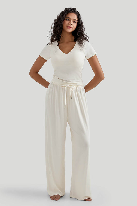 V-neck Casual Set With Wide Leg Pants