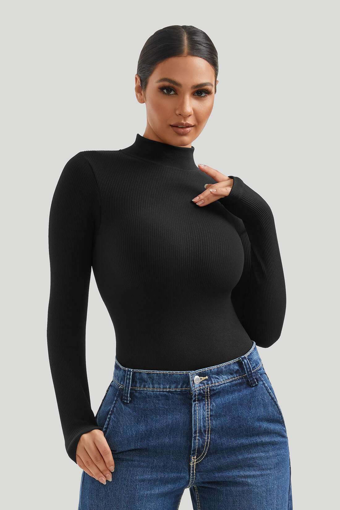 Threaded High Neck Long Sleeves Bodysuit
