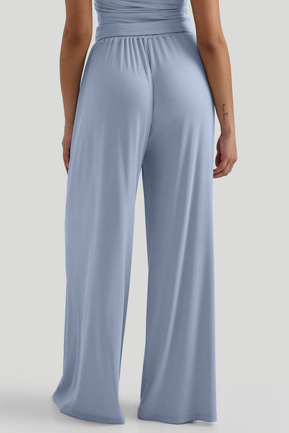 V-neck Casual Set With Wide Leg Pants
