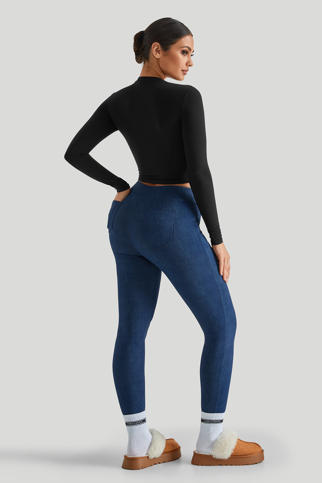 Long Sleeves Stretchy Faux Denim Legging Sets