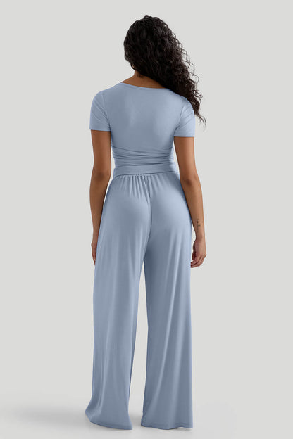 V-neck Casual Set With Wide Leg Pants