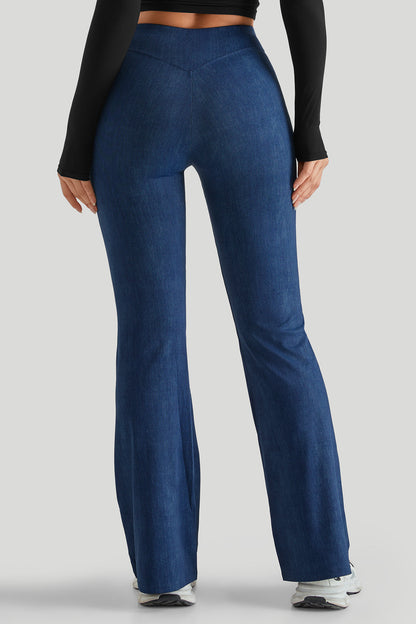 Long Sleeves Stretchy Faux Denim Flare Pant Sets