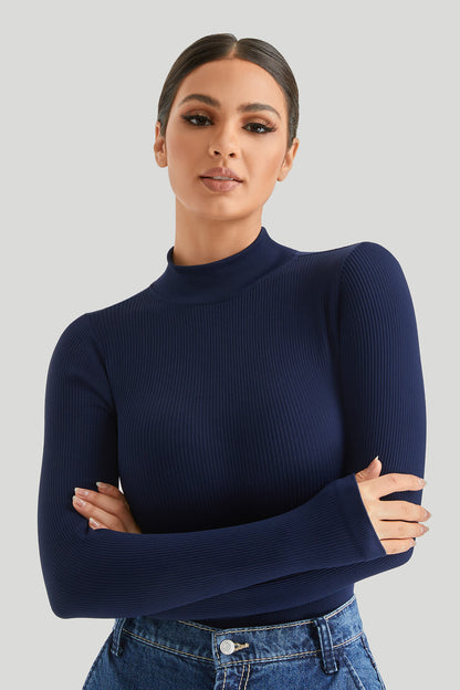 Threaded High Neck Long Sleeves Bodysuit