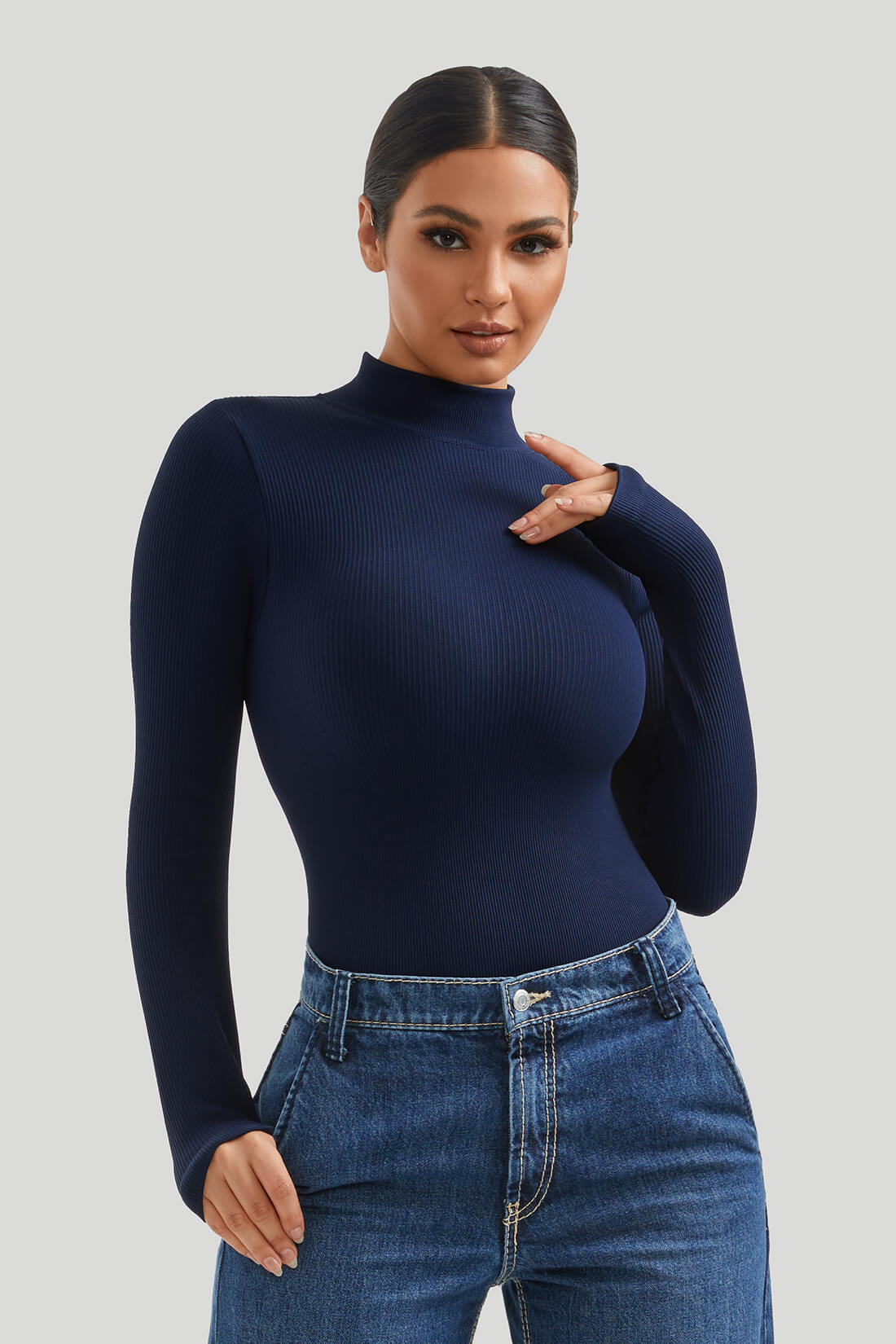 Threaded High Neck Long Sleeves Bodysuit