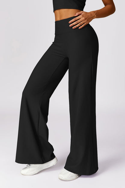Micro Ribbed Solid Color Wide Leg Pants