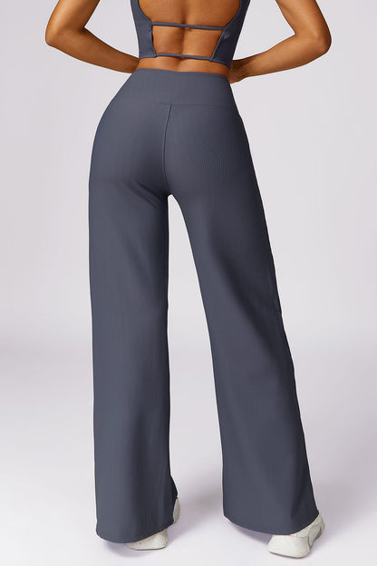 Micro Ribbed Solid Color Wide Leg Pants