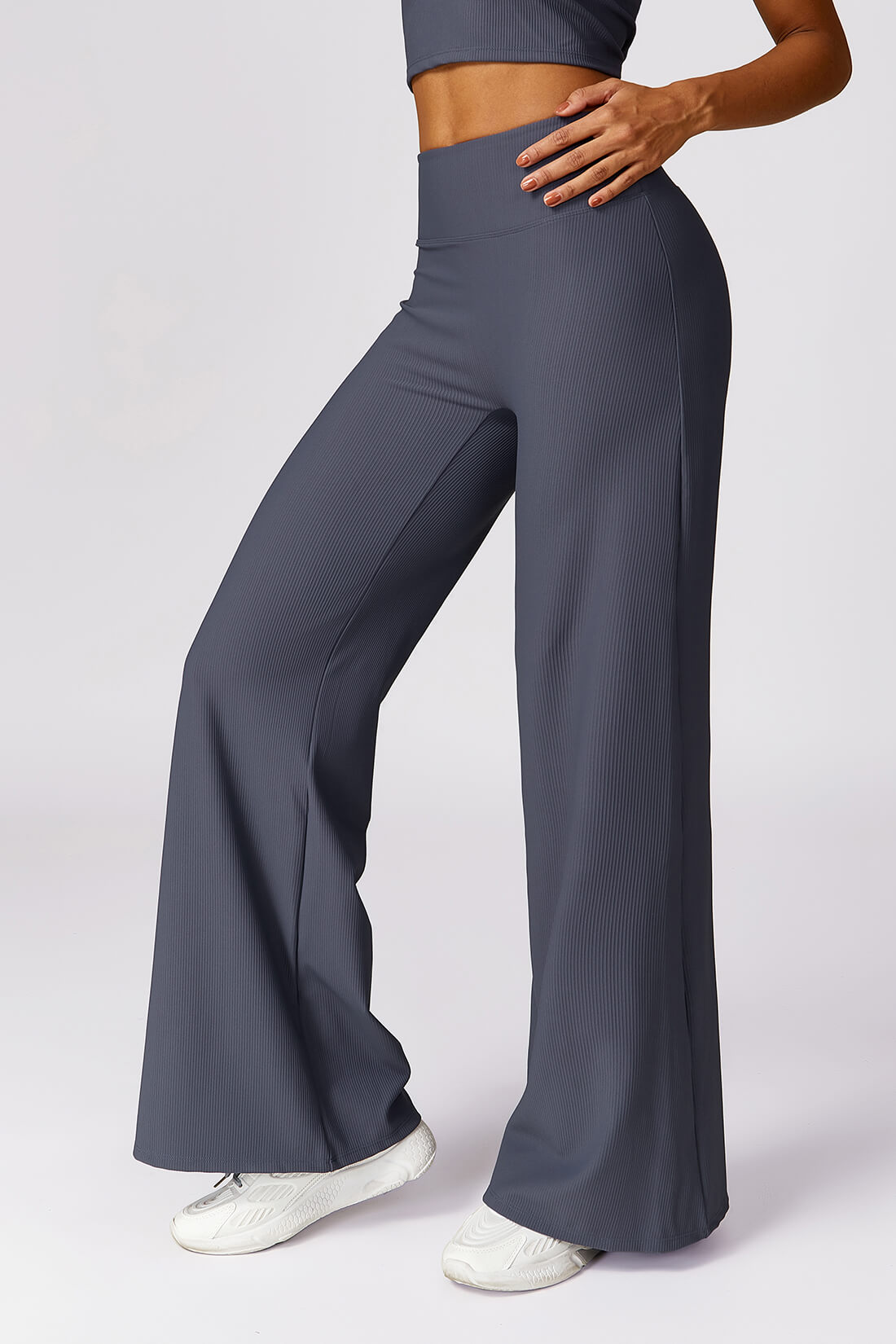 Micro Ribbed Solid Color Wide Leg Pants