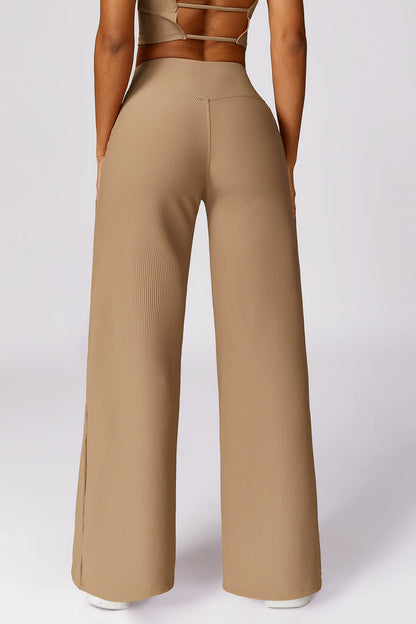 Micro Ribbed Solid Color Wide Leg Pants