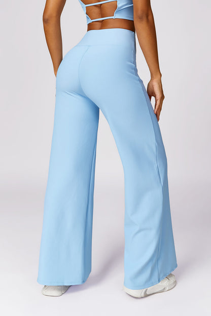 Micro Ribbed Solid Color Wide Leg Pants
