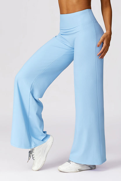 Micro Ribbed Solid Color Wide Leg Pants