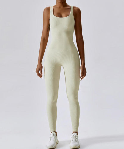 Ribbed Solid Color Tummy Control Sleeveless Seamless Jumpsuit - MOOSLOVER