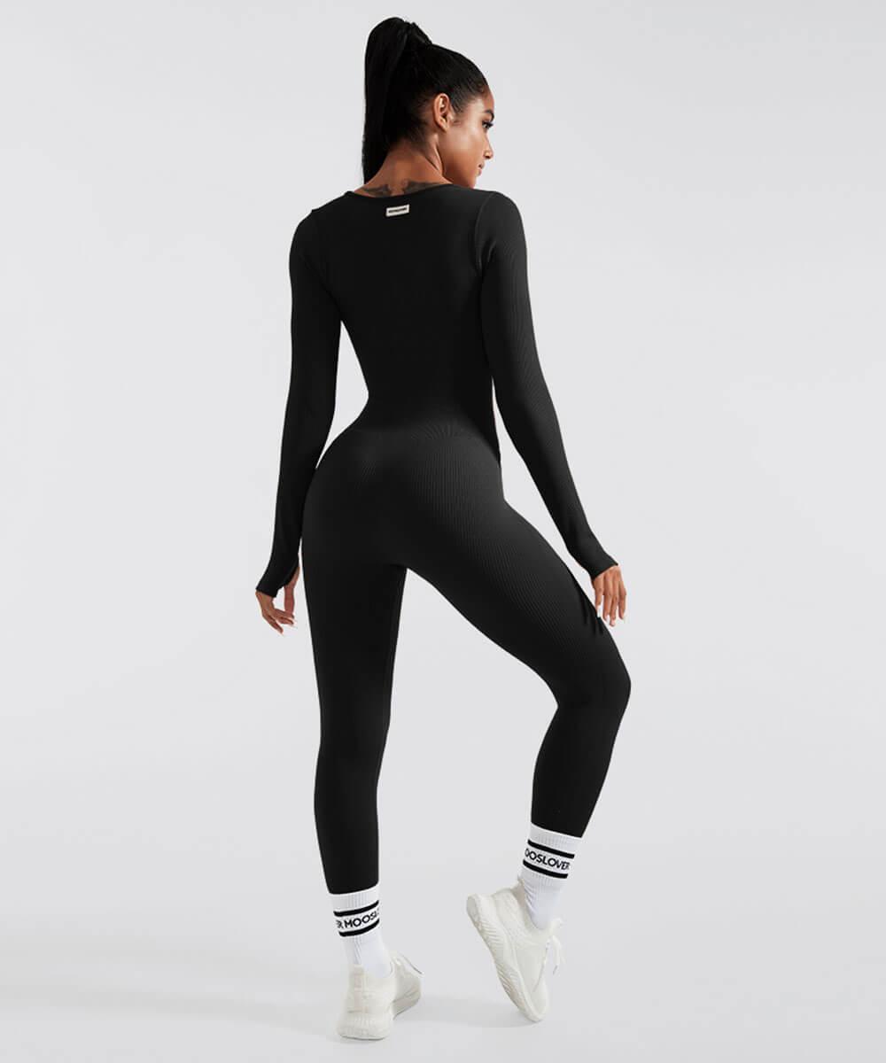 Solid Color Ribbed Long Sleeve Seamless Jumpsuit - MOOSLOVER