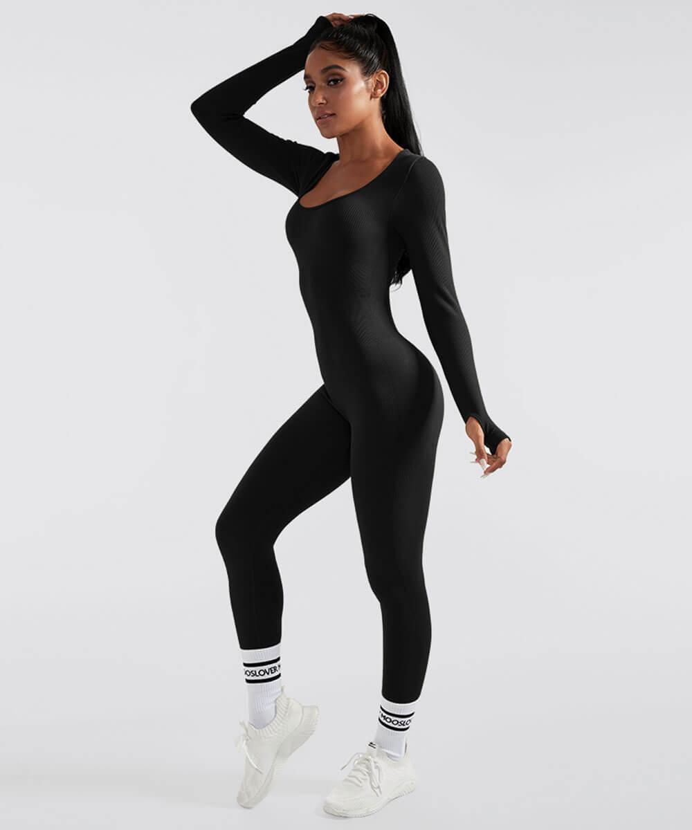 Solid Color Ribbed Long Sleeve Seamless Jumpsuit - MOOSLOVER