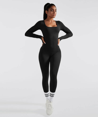 Solid Color Ribbed Long Sleeve Seamless Jumpsuit - MOOSLOVER