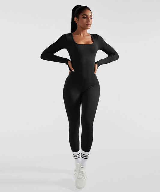Solid Color Ribbed Long Sleeve Seamless Jumpsuit - MOOSLOVER