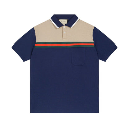 250313 New high quality tri-color woven with color contrast patchwork lapel polo