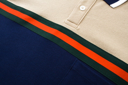 250313 New high quality tri-color woven with color contrast patchwork lapel polo