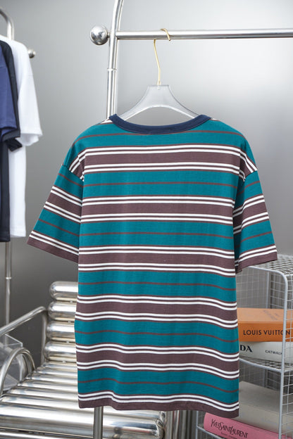 250404 New high-quality striped printed knitted T-shirt