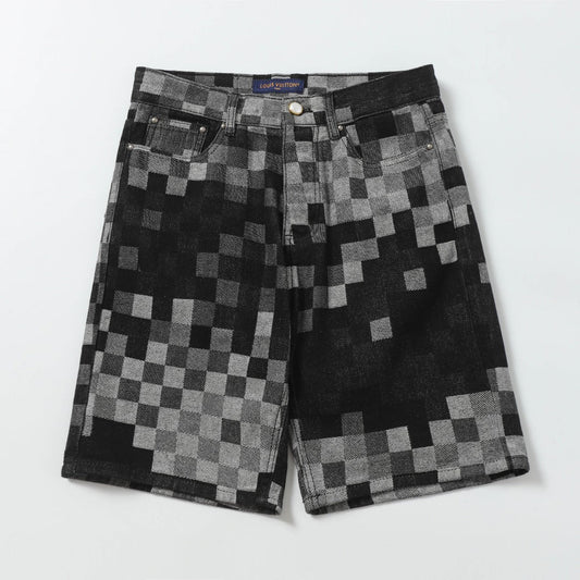 250404New high-quality black checkered denim shorts