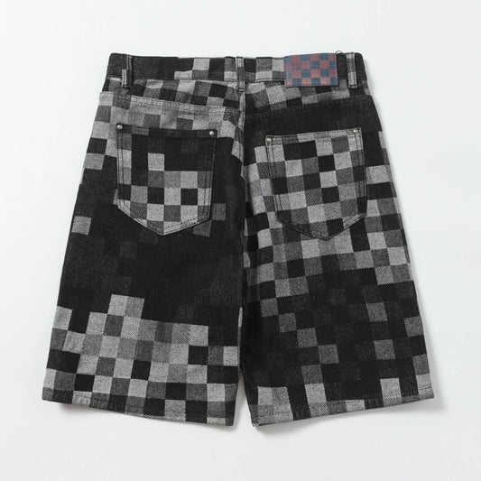 250404New high-quality black checkered denim shorts