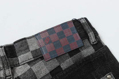 250404New high-quality black checkered denim shorts