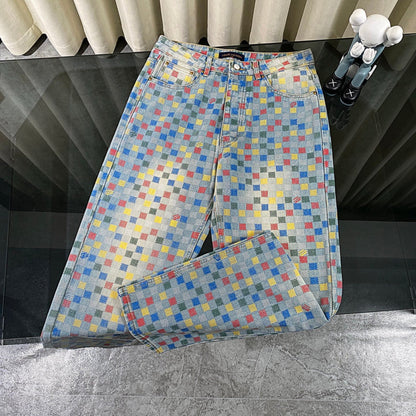 250617 New high-quality dopamine-colored pixel checkered jeans