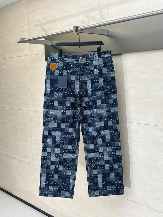 250722 New high-quality checkered tattooed denim trousers