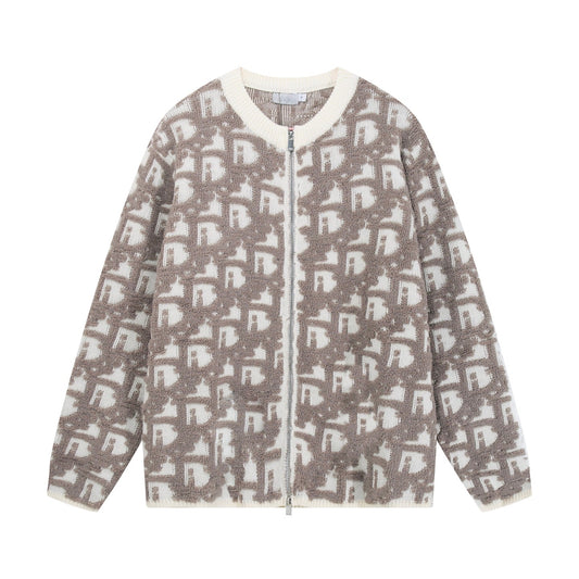 250729 New high-quality three-dimensional jacquard zipper round-neck sweater