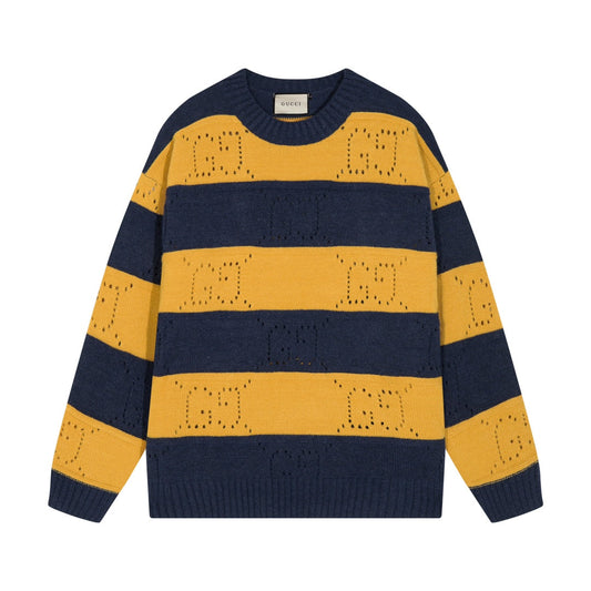 250729 New orange and black striped wool knitted round-neck sweater