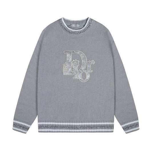 250729 New shiny letter-pasted embroidered round-neck sweater