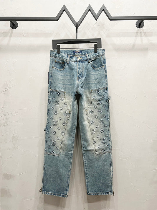 250813 New high-quality embossed loose straight-leg workwear jeans