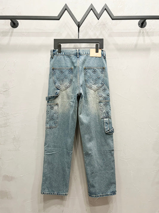 250813 New high-quality embossed loose straight-leg workwear jeans