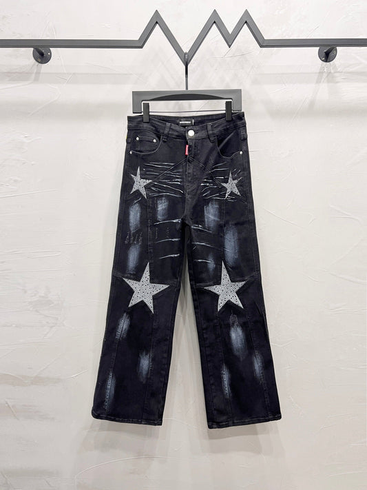 250813 New high-quality five-pointed star rhinestone washed mid-waist straight-leg jeans