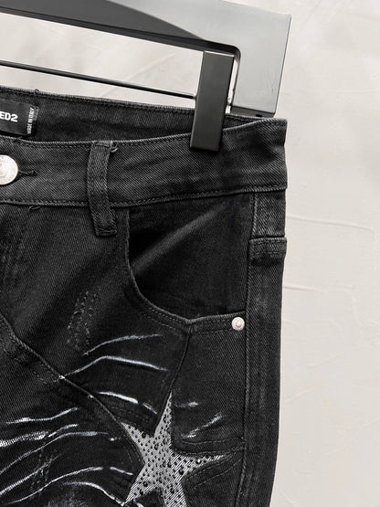 250813 New high-quality five-pointed star rhinestone washed mid-waist straight-leg jeans
